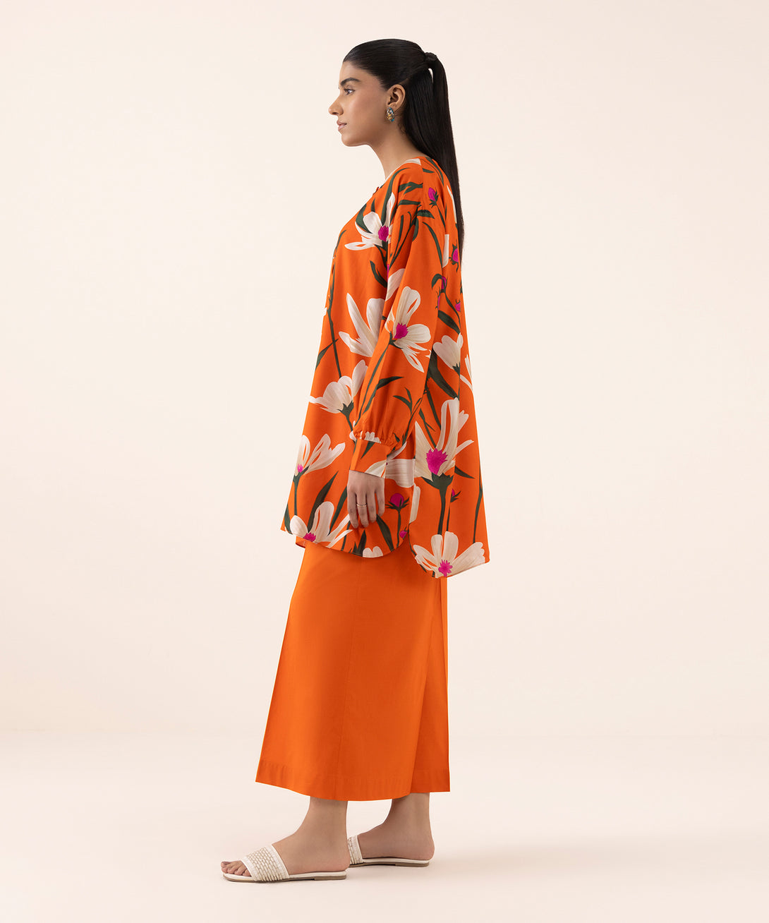 Women's RTW Arabic Lawn Orange Printed Drop Shoulder Shirt
