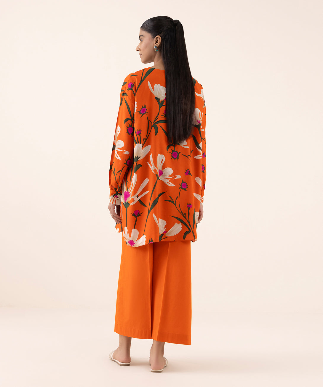 Women's RTW Arabic Lawn Orange Printed Drop Shoulder Shirt