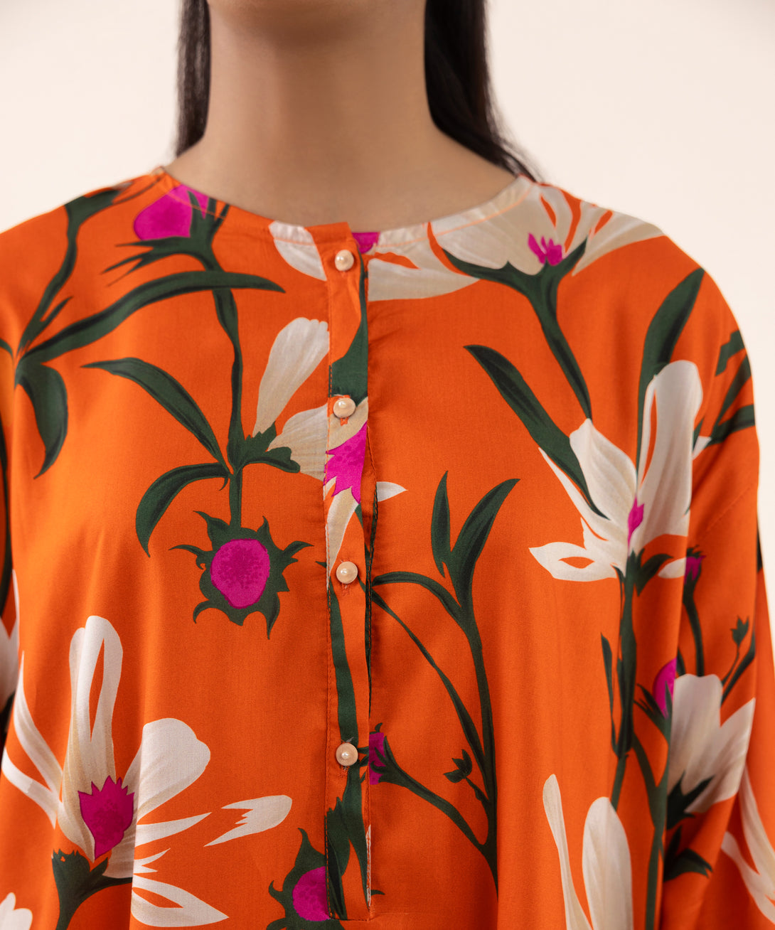 Women's RTW Arabic Lawn Orange Printed Drop Shoulder Shirt