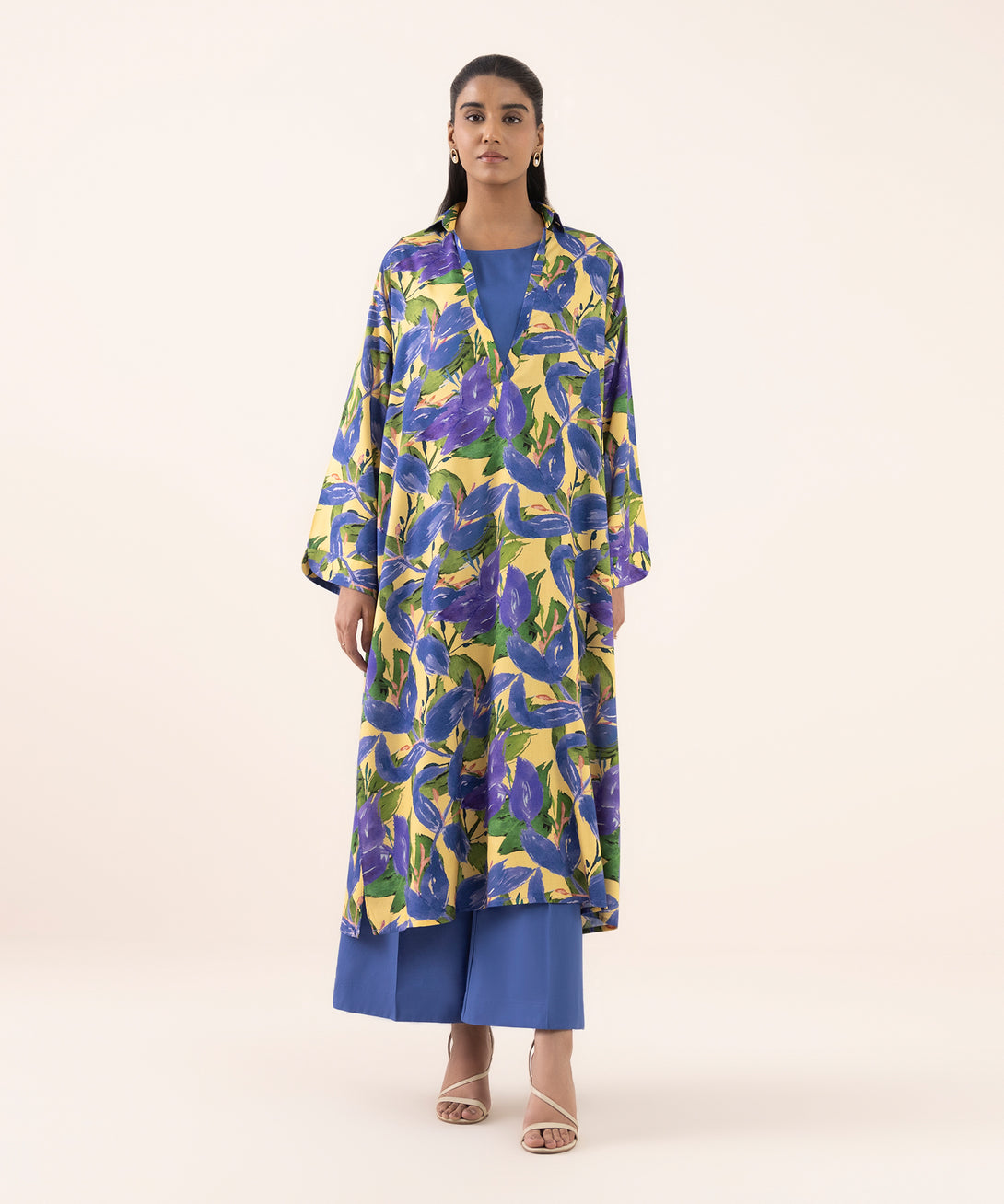 Women's RTW Arabic Lawn Blue Printed Drop Shoulder Shirt