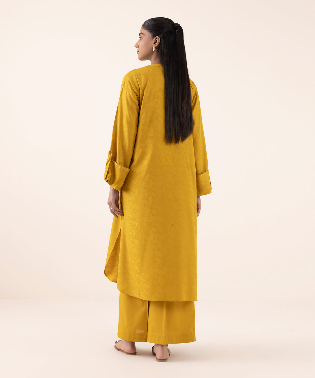 Women's RTW  Arabic Self Jacquard Leno  Yellow Dyed Aline Shirt