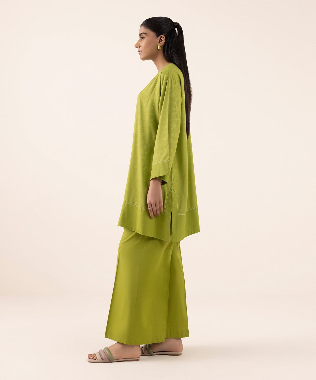 Women's RTW  Arabic Self Jacquard Leno  Green Dyed Drop Shoulder Shirt