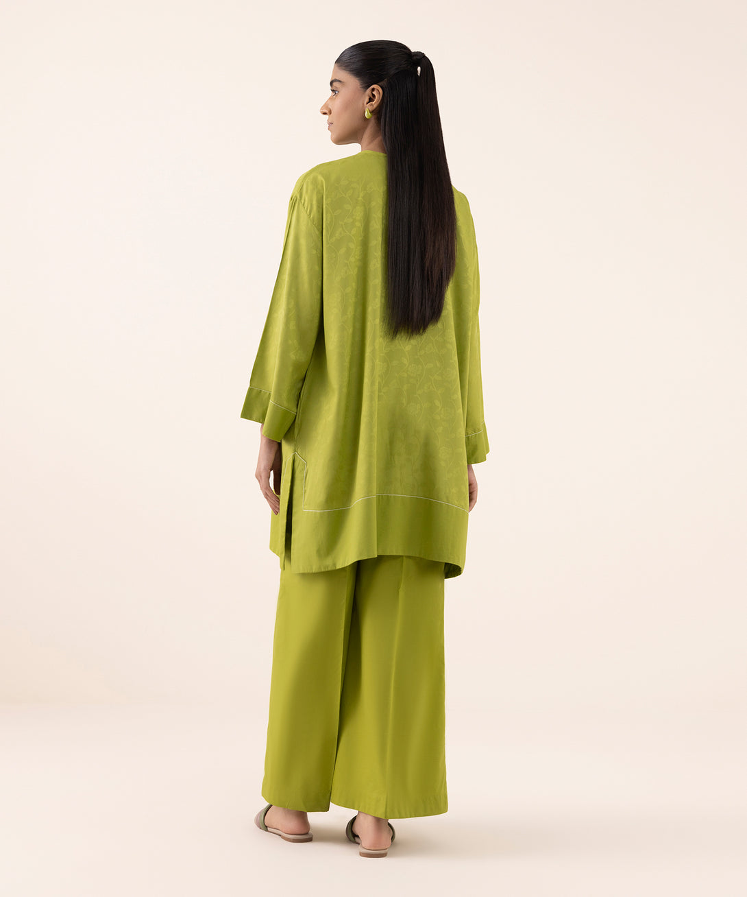 Women's RTW  Arabic Self Jacquard Leno  Green Dyed Drop Shoulder Shirt