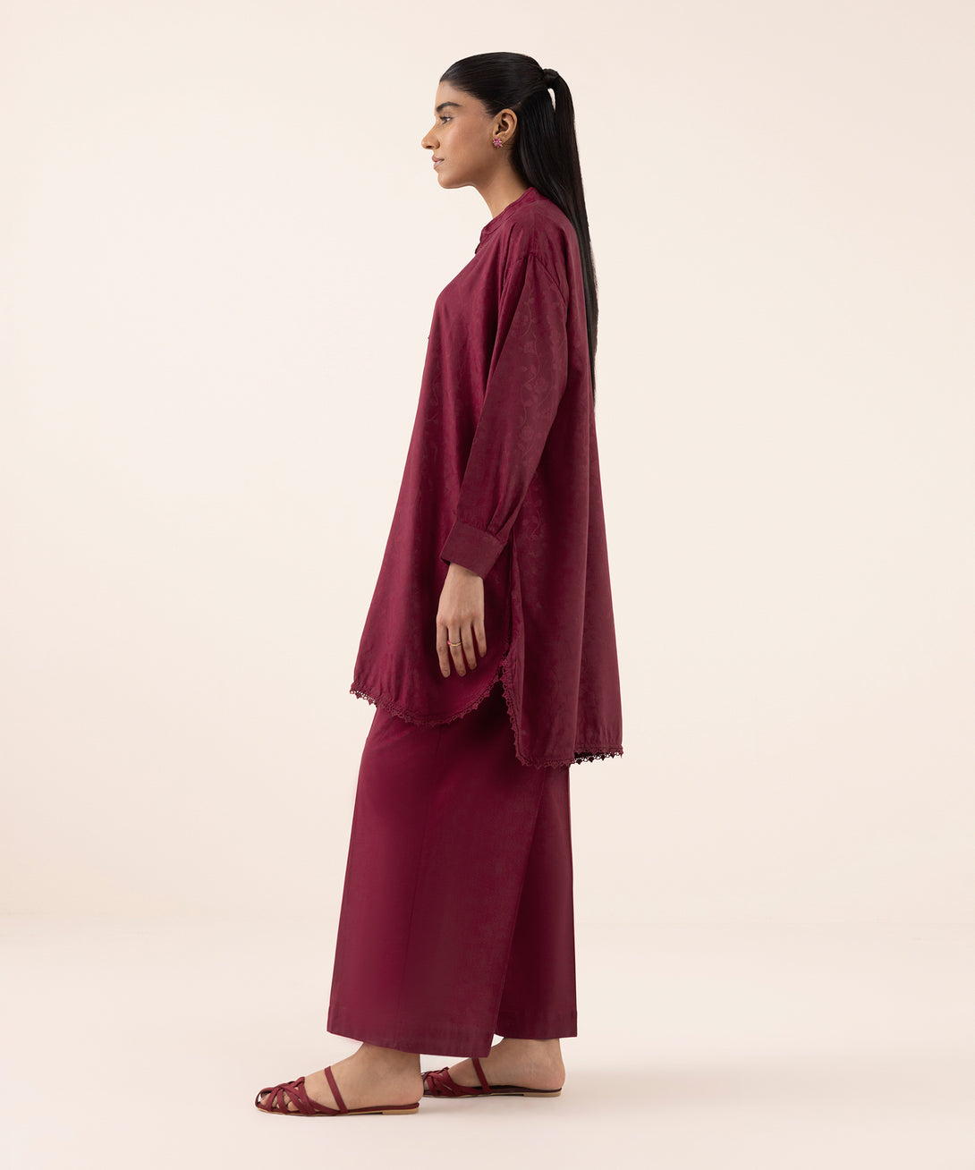 Women's RTW  Arabic Self Jacquard Leno  Pink Dyed Drop Shoulder Shirt
