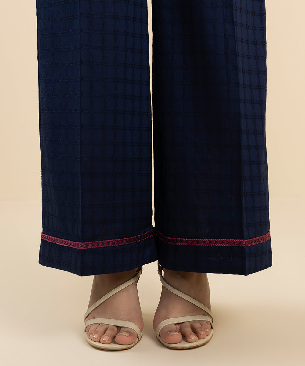 Women's Pret Textured Cotton Blue Embroidered Flared Pants