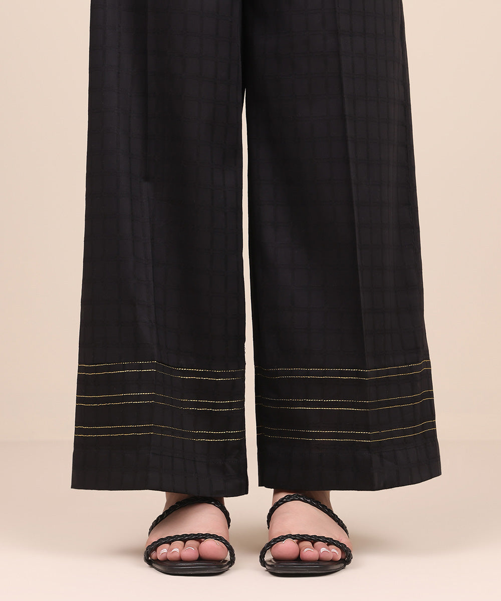 Women's Pret Textured Cotton Black Solid Culottes