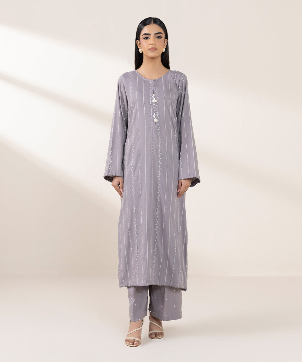 Women's Pret Cotton Viscose Grey Embroidered A-Line Shirt