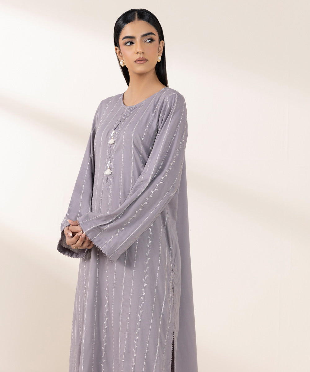 Women's Pret Cotton Viscose Grey Embroidered A-Line Shirt