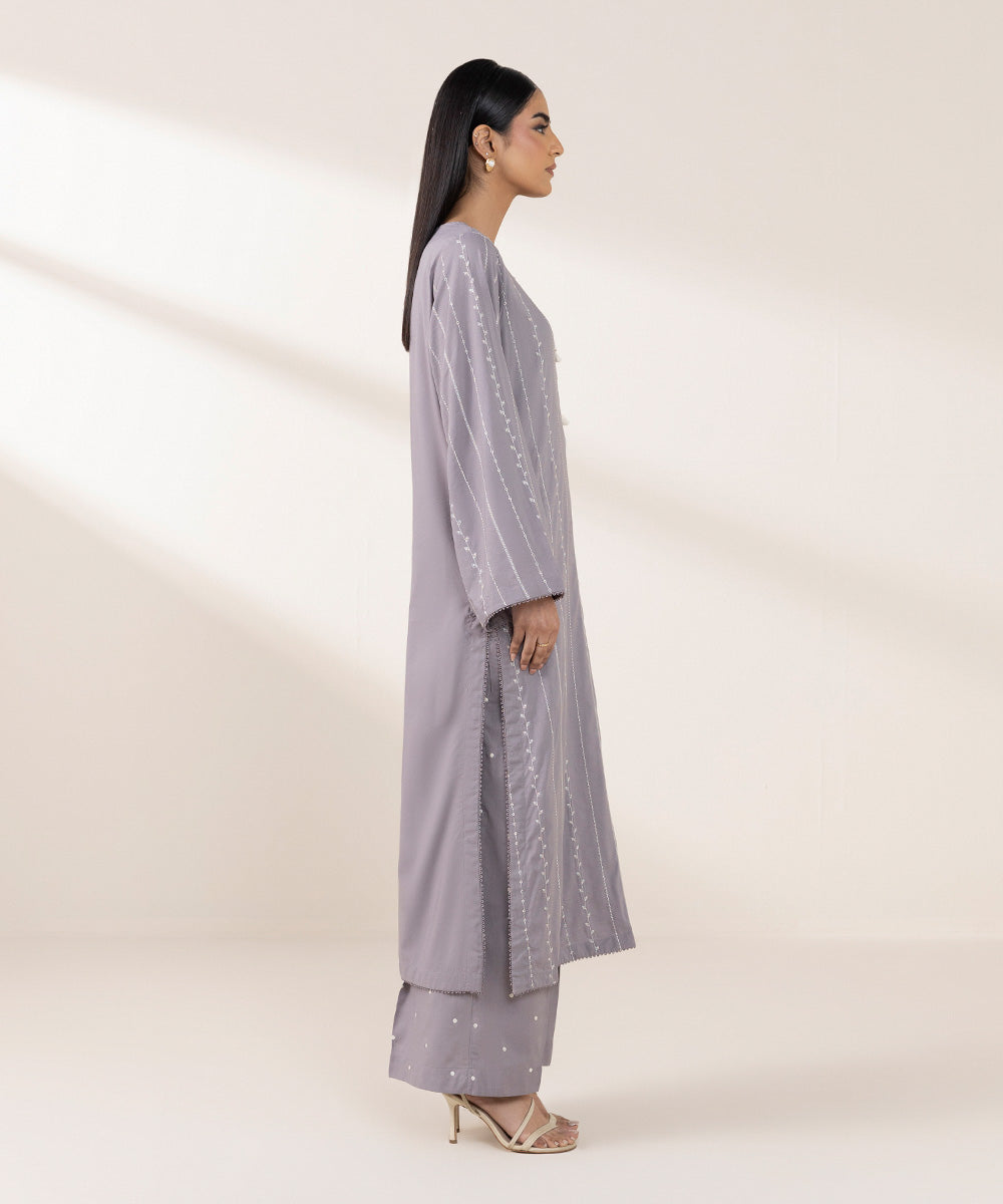 Women's Pret Cotton Viscose Grey Embroidered A-Line Shirt