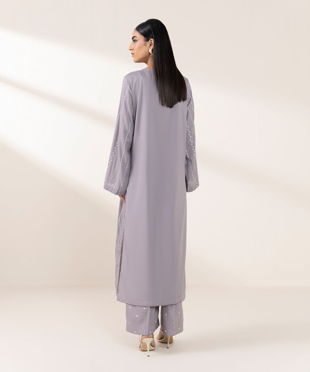 Women's Pret Cotton Viscose Grey Embroidered A-Line Shirt