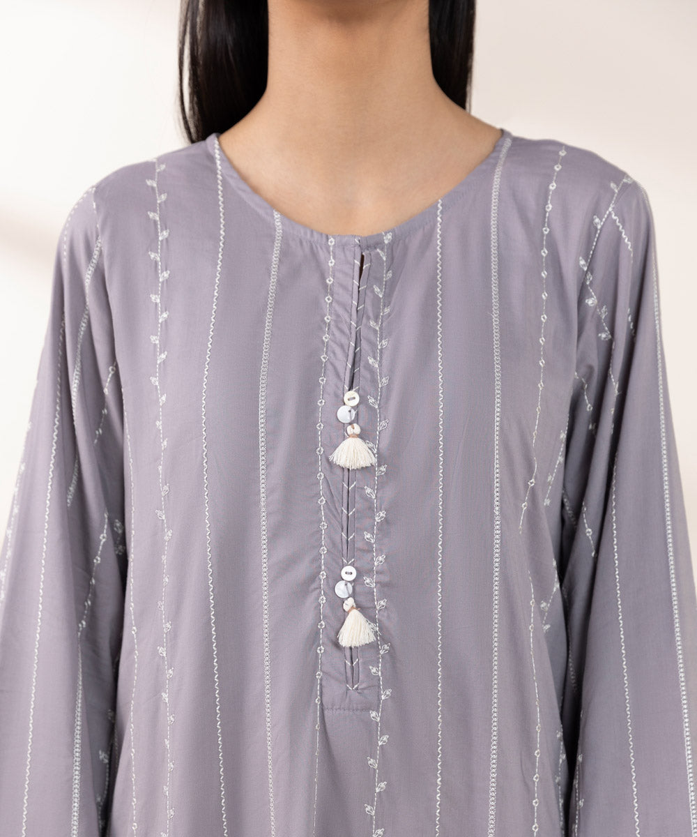 Women's Pret Cotton Viscose Grey Embroidered A-Line Shirt