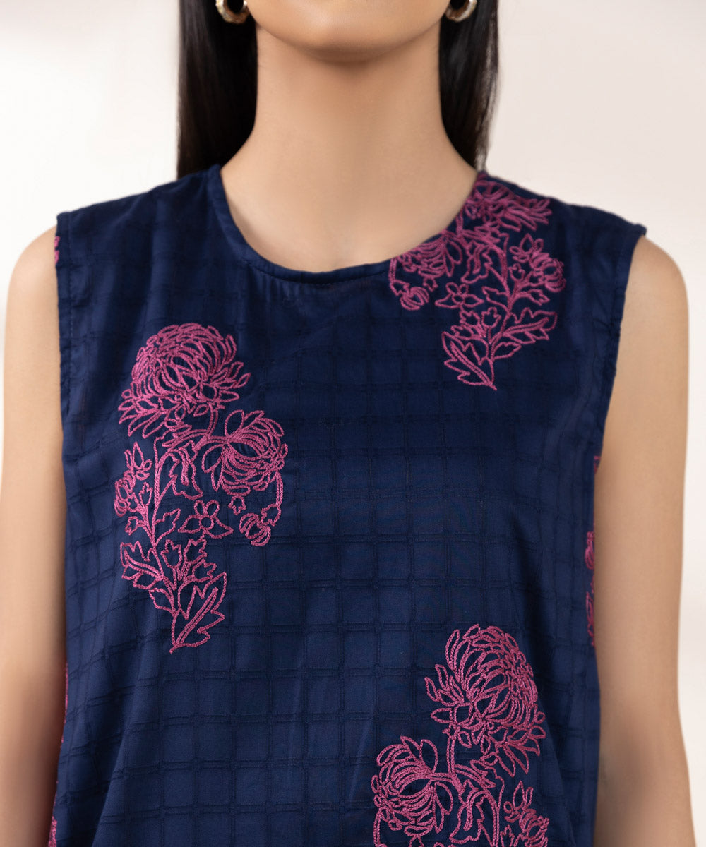 Women's Pret Dobby Blue Embroidered A-Line Shirt