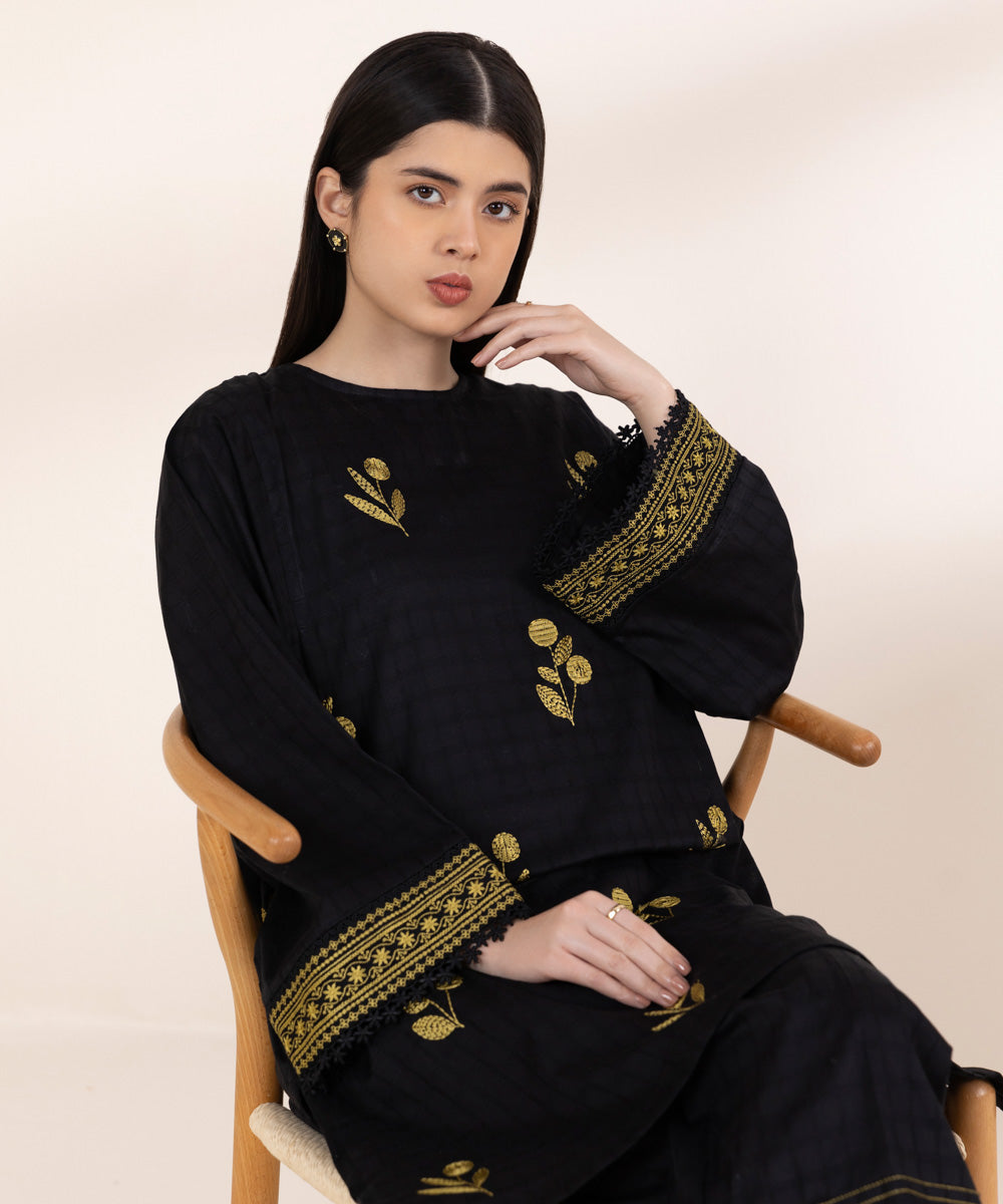 Women's Pret Dobby Black Embroidered Boxy Shirt