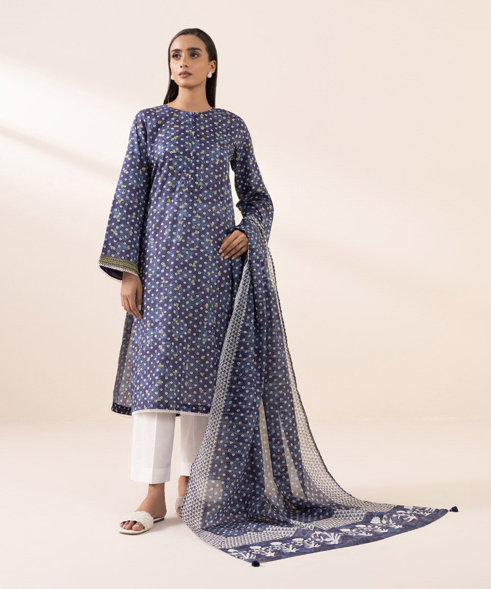 Zari Voile Blue Printed Dupatta