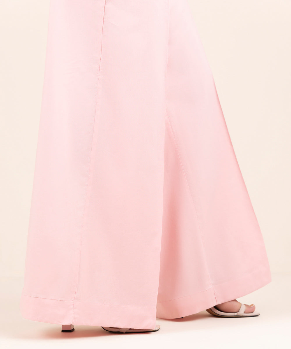 Women's Pret Cotton Viscose Pink Solid Flared Pants