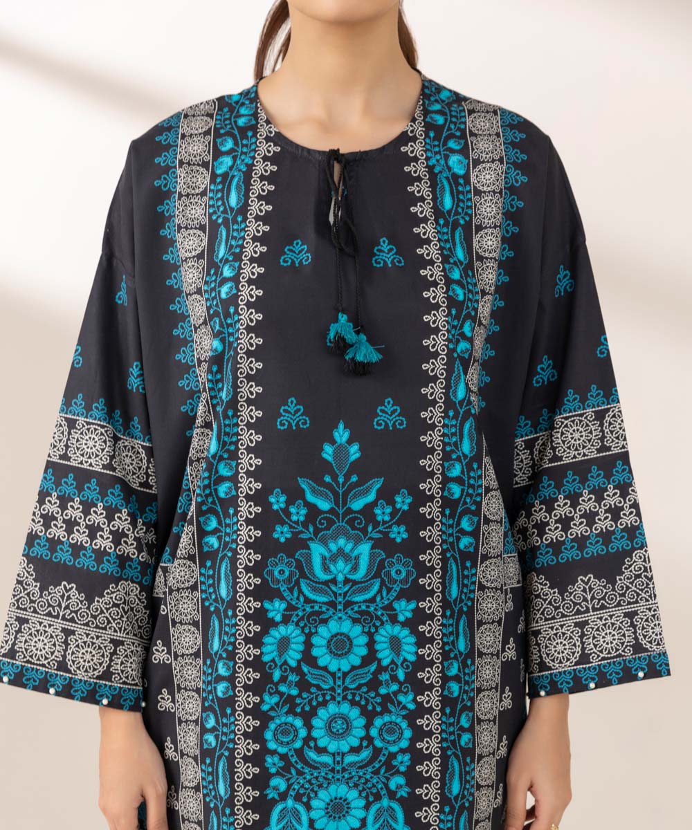 Women's Pret Cambric Printed Black Boxy Shirt