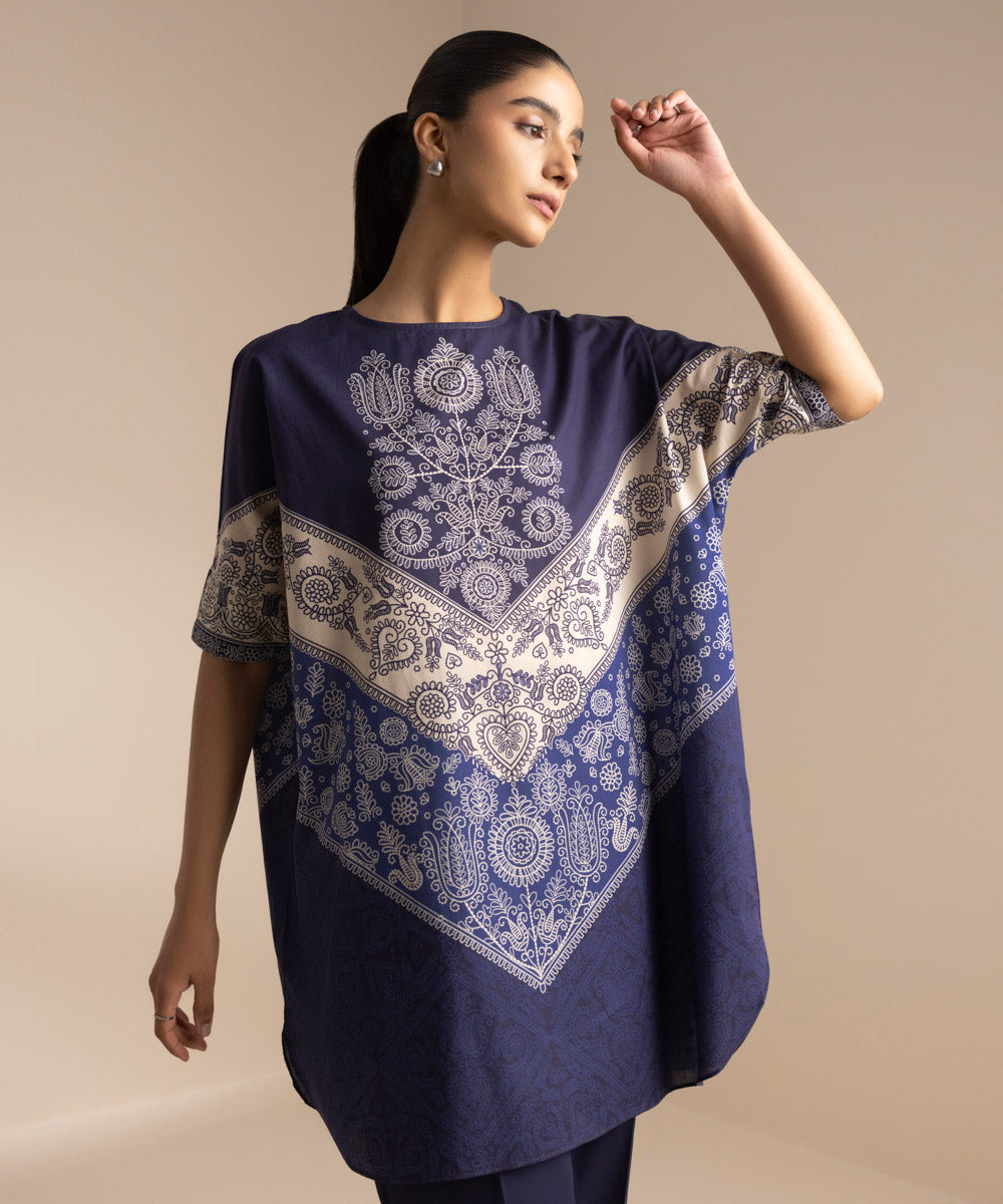 Women's Pret Cambric Printed Blue Kaftan Shirt