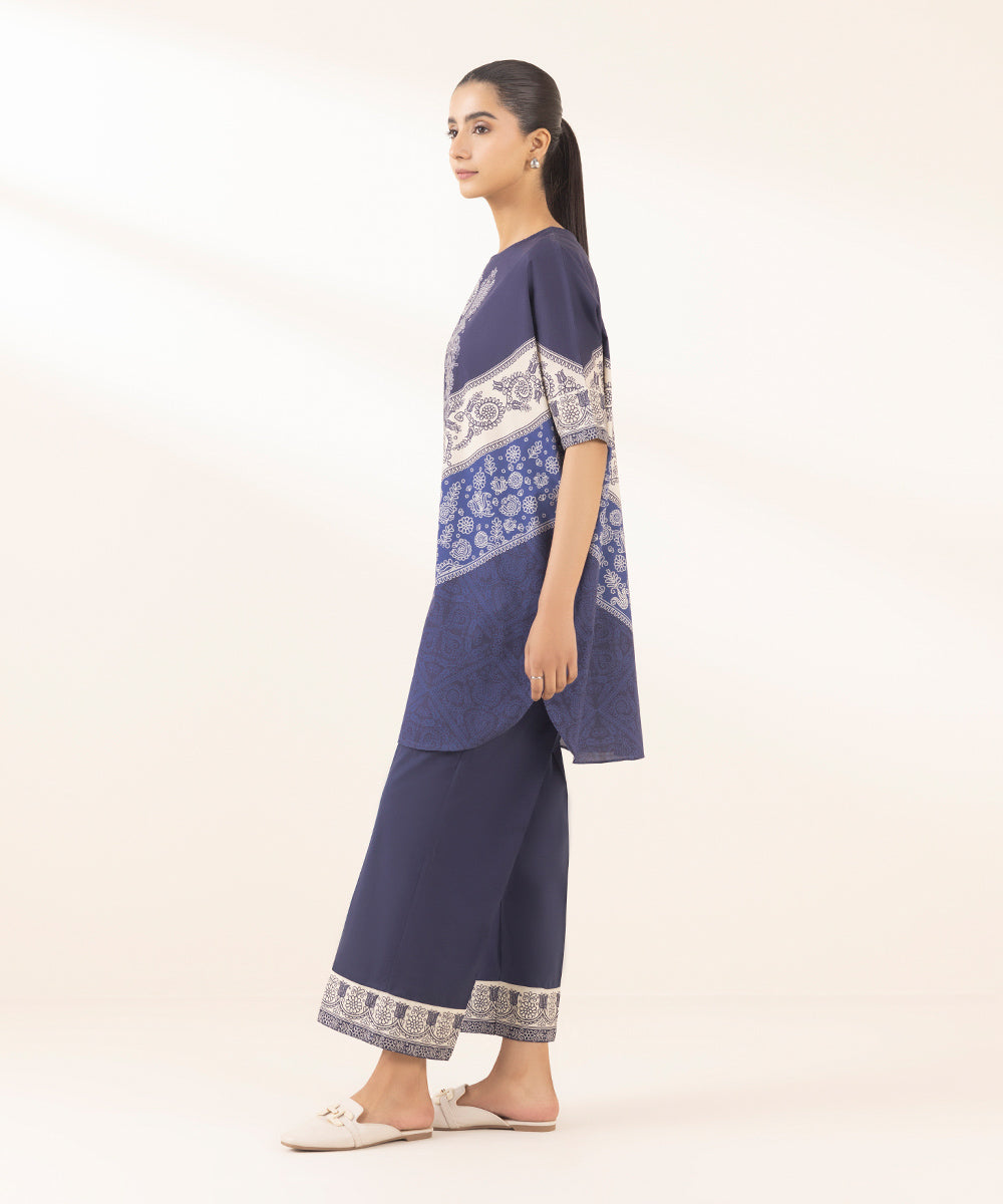 Women's Pret Cambric Printed Blue Kaftan Shirt