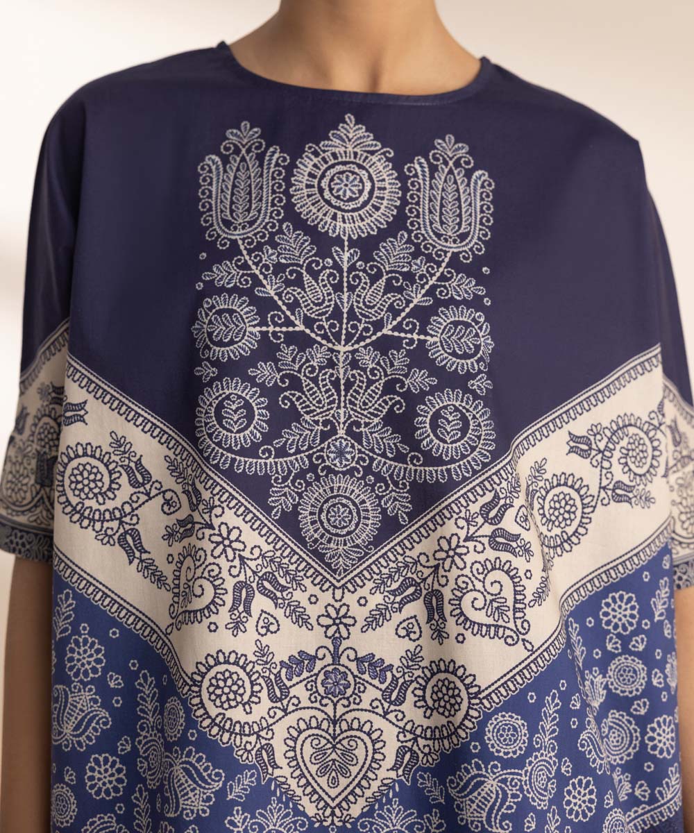 Women's Pret Cambric Printed Blue Kaftan Shirt