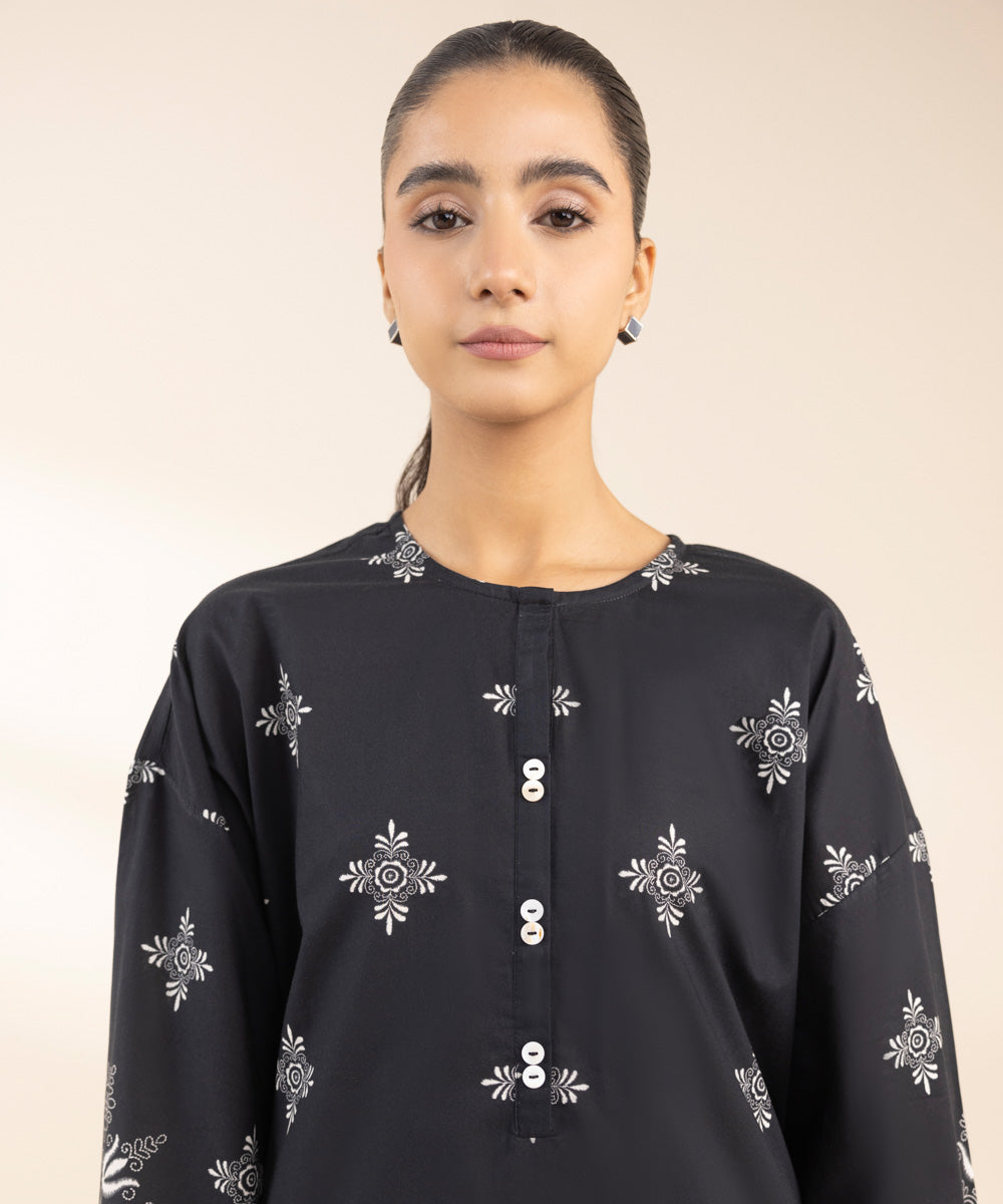 Women's Pret Cambric Printed Black Boxy Shirt