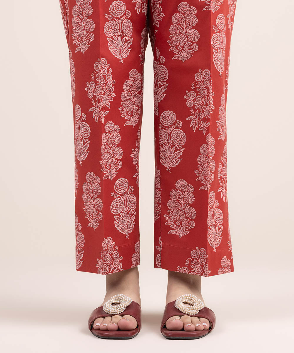 Women's Pret Cambric Red Printed Straight Pants