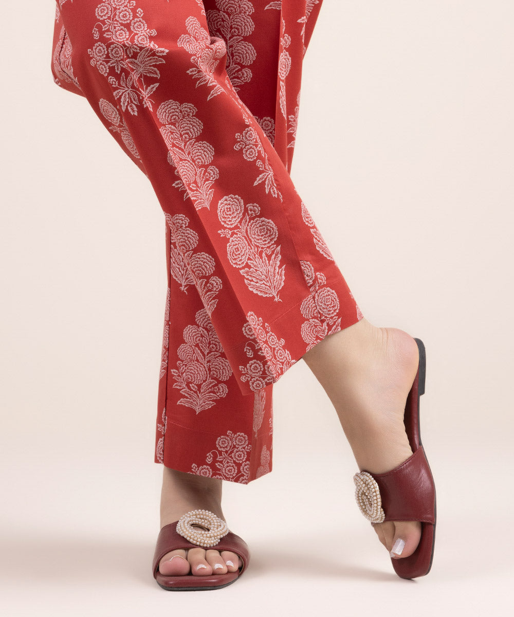 Women's Pret Cambric Red Printed Straight Pants