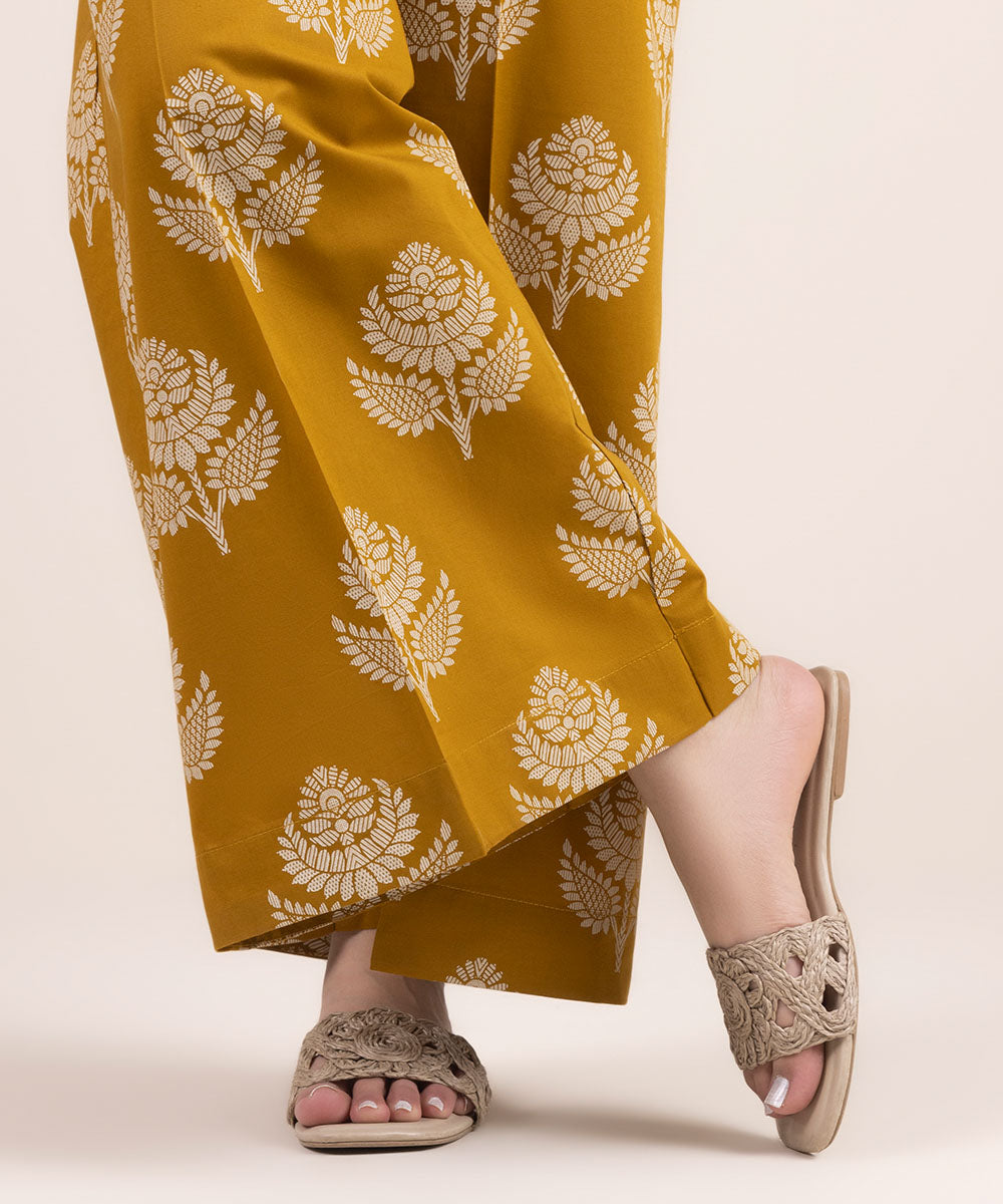 Women's Pret Cambric Yellow Printed Flared Pants