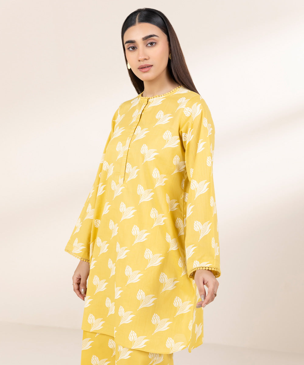 Women's Pret Cross Hatch Printed Yellow A-Line Shirt