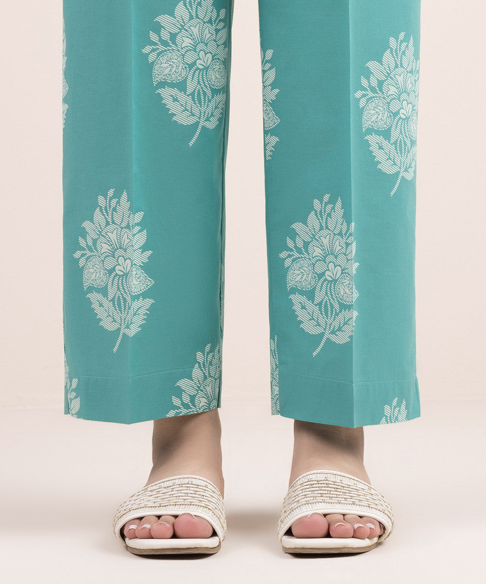 Women's Pret Cambric Green Printed Straight Pants