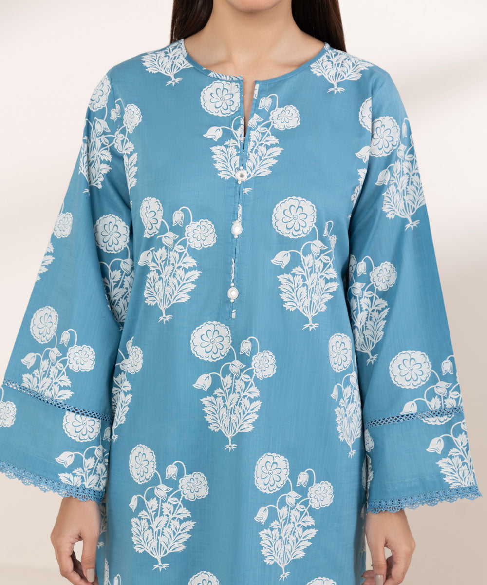 Women's Pret Cross Hatch Printed Blue A-Line Shirt