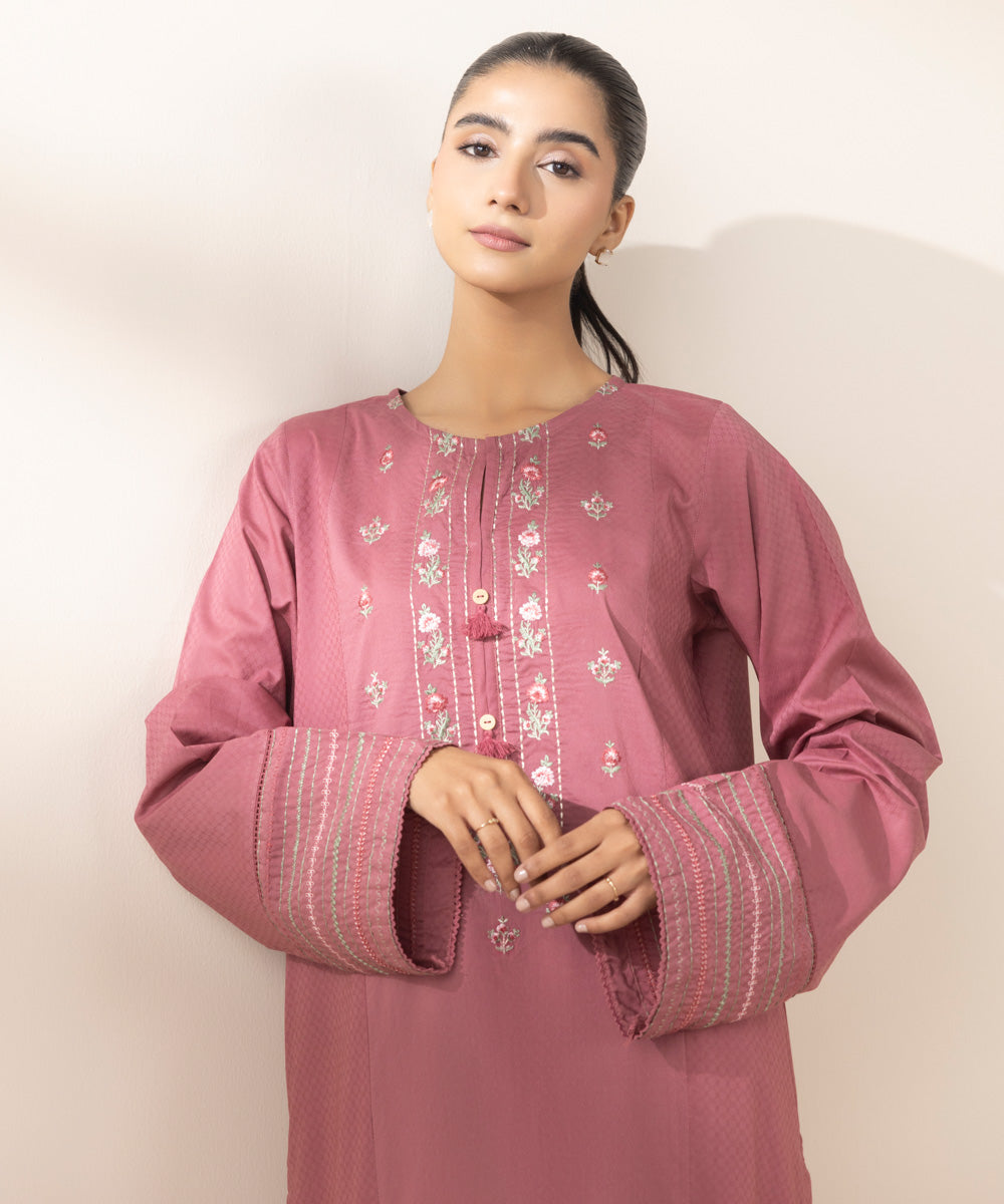 Women's Pret Dobby Embroidered Pink A-Line Shirt