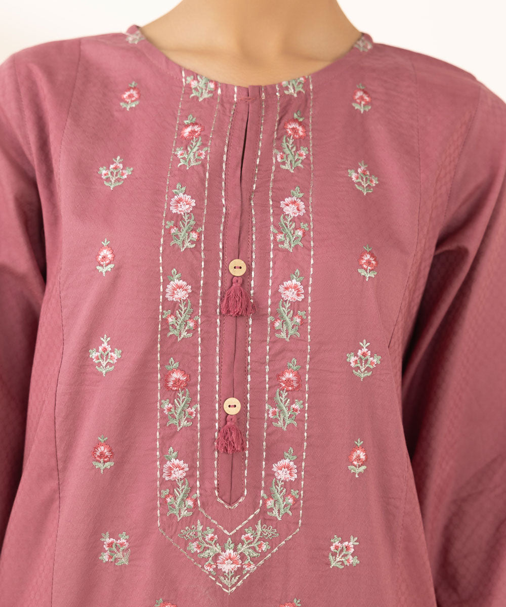 Women's Pret Dobby Embroidered Pink A-Line Shirt