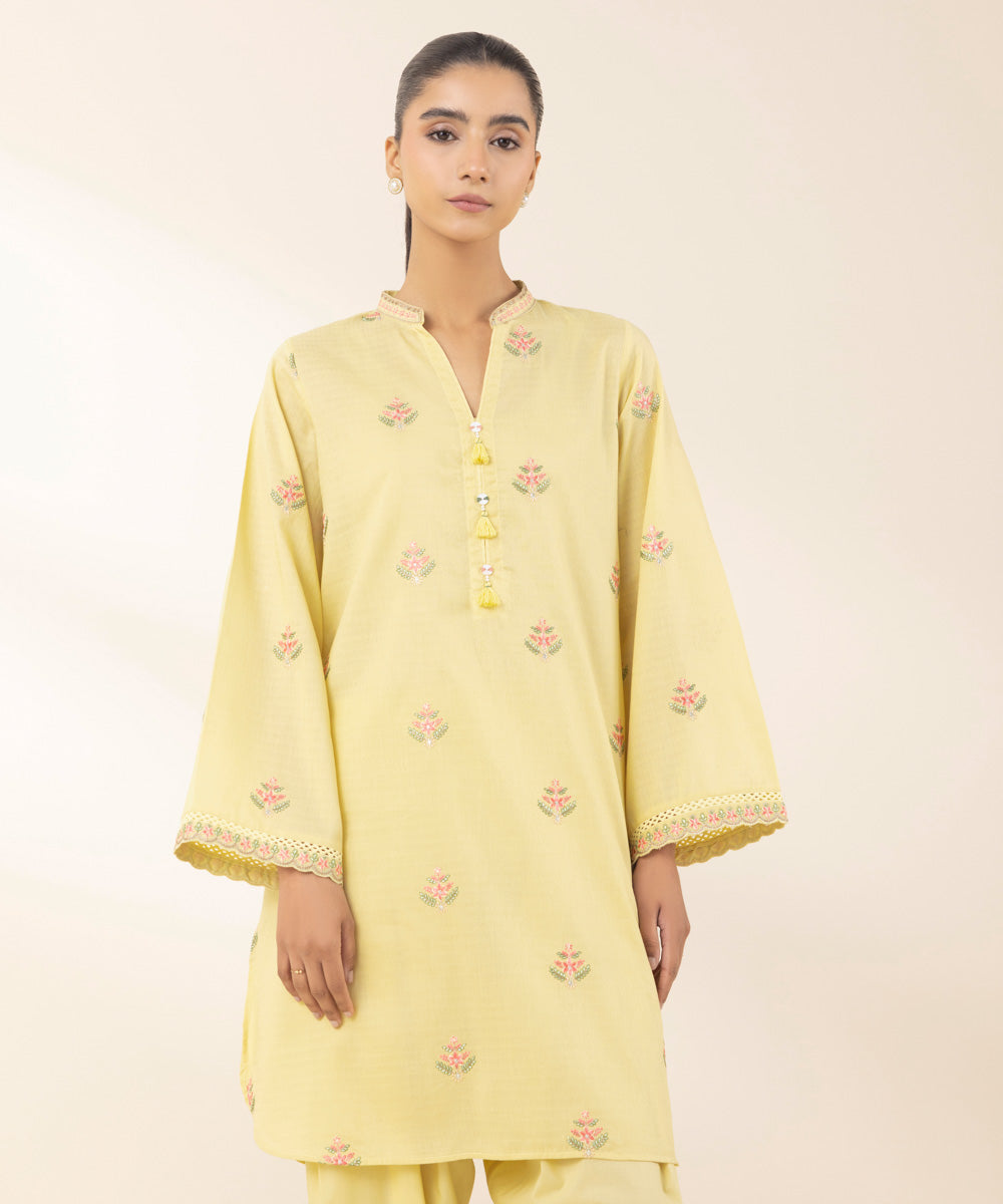 Women's Pret Dobby Embroidered Yellow A-Line Shirt