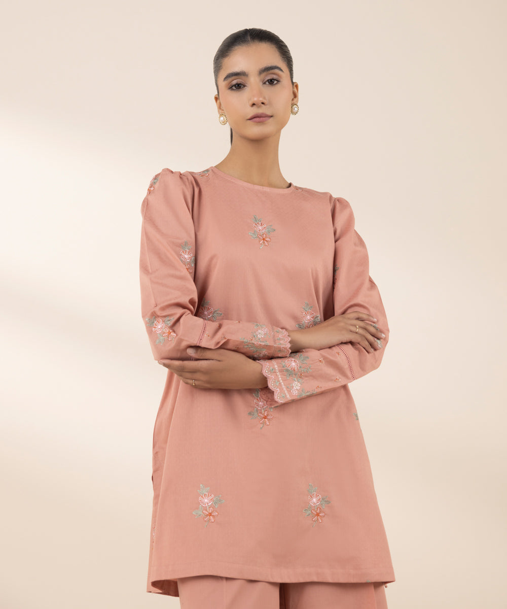 Women's Pret Dobby Embroidered Pink Straight Shirt