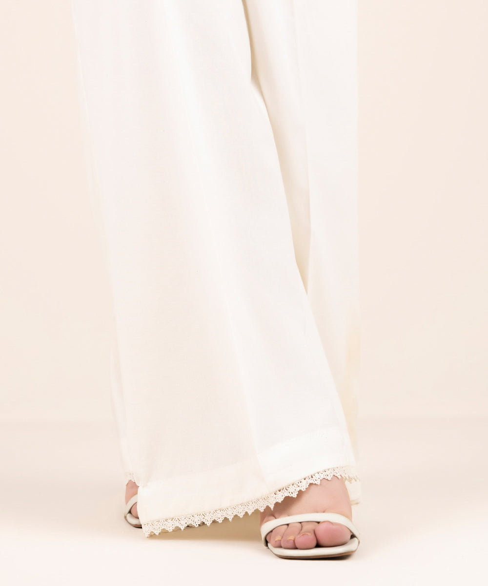 Women's Pret Cotton Viscose Off White Solid Flared Pants