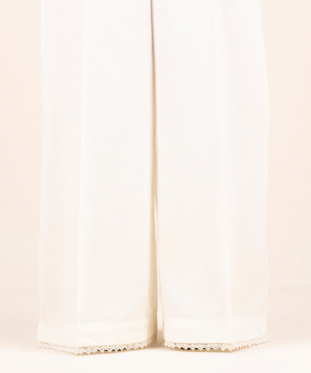 Women's Pret Cotton Viscose Off White Solid Flared Pants