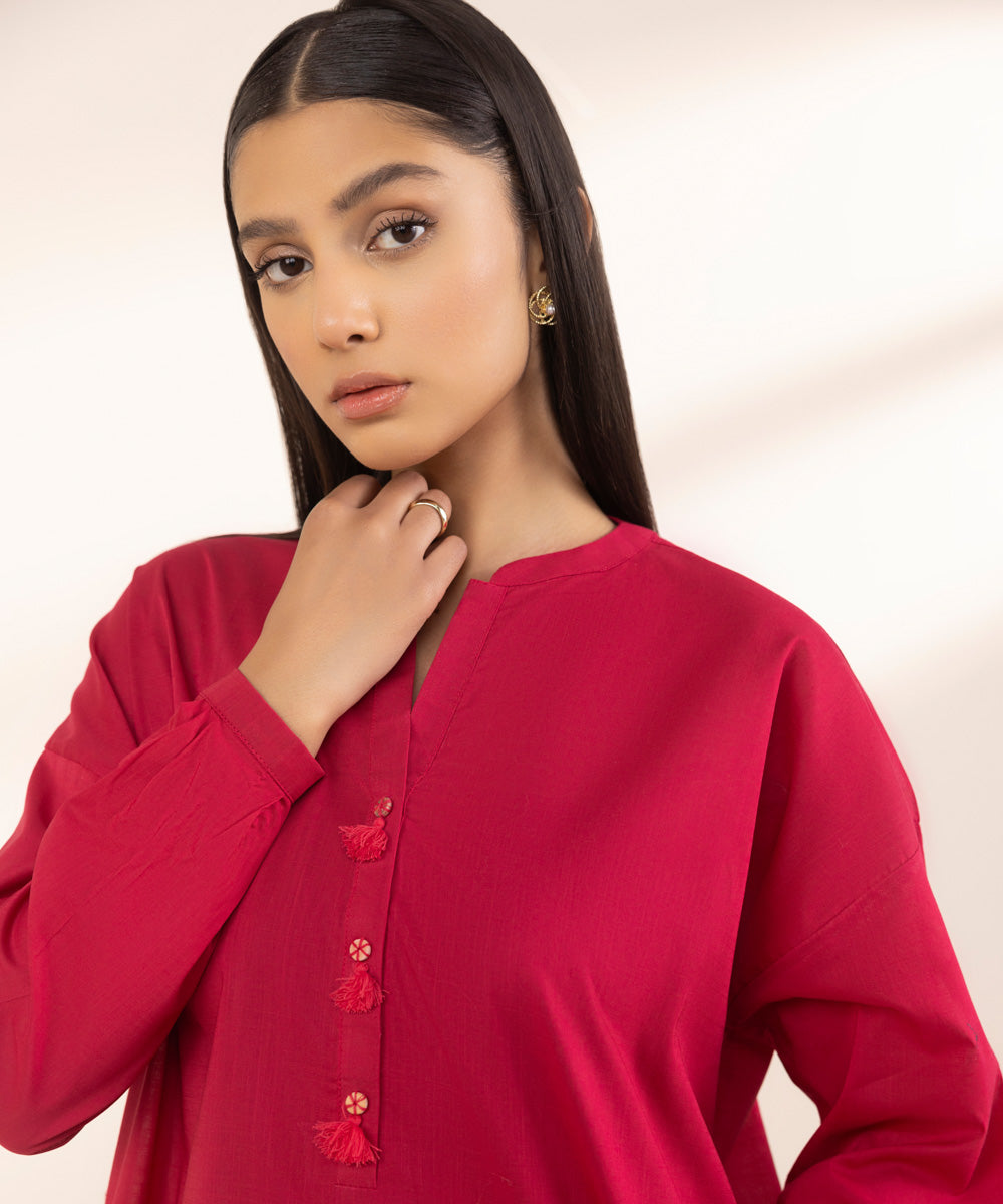 Women's Pret Cross Hatch Red Solid Boxy Shirt