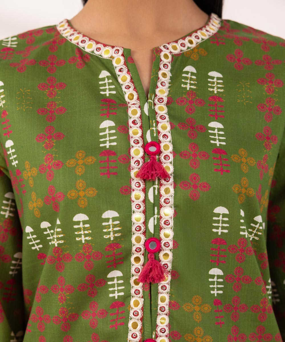 Women's Pret Cross Hatch Printed Embroidered Green A-Line Shirt