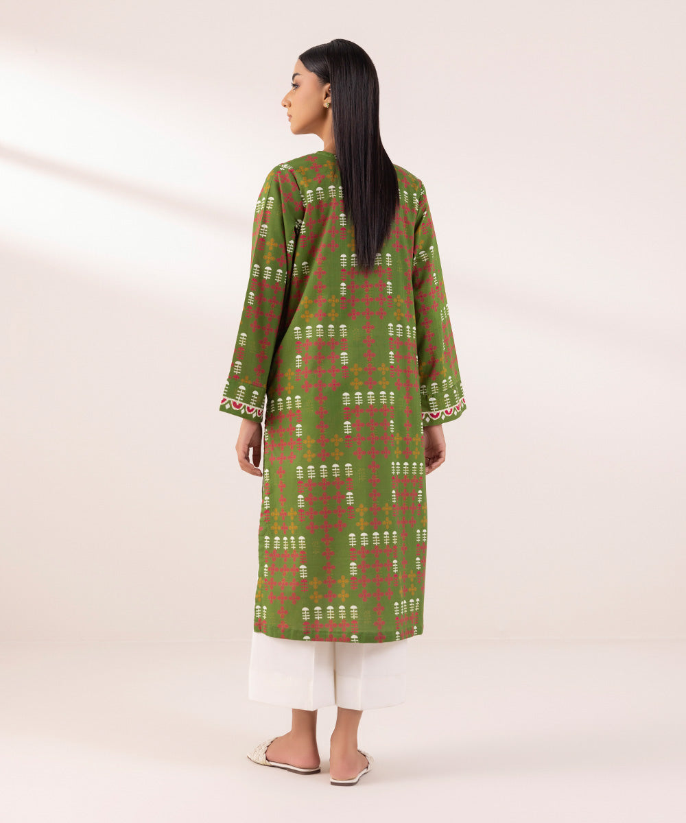 Women's Pret Cross Hatch Printed Embroidered Green A-Line Shirt