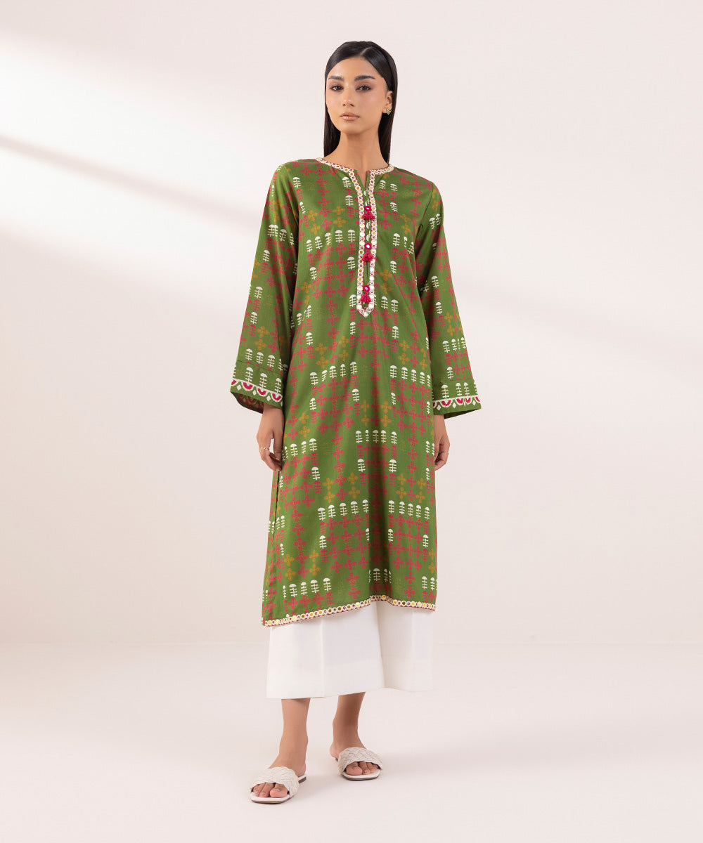 Women's Pret Cross Hatch Printed Embroidered Green A-Line Shirt