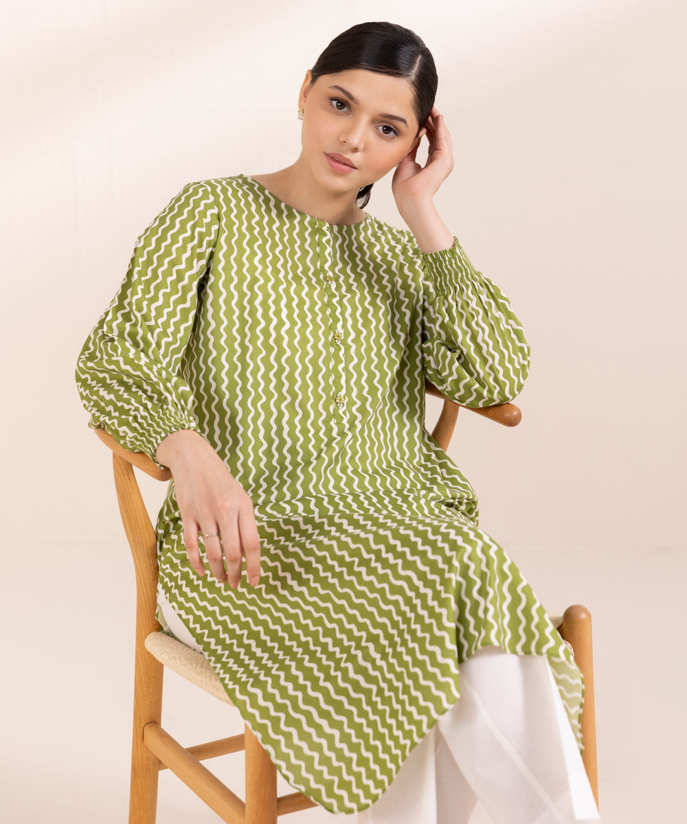 Women's Pret Cotton Viscose Printed Green Straight Shirt