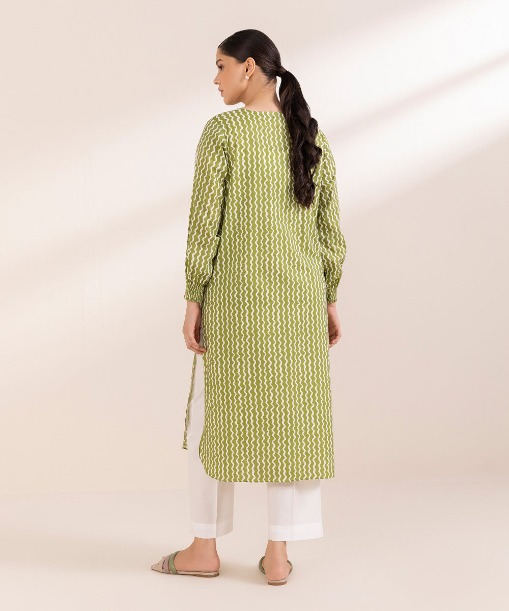 Women's Pret Cotton Viscose Printed Green Straight Shirt