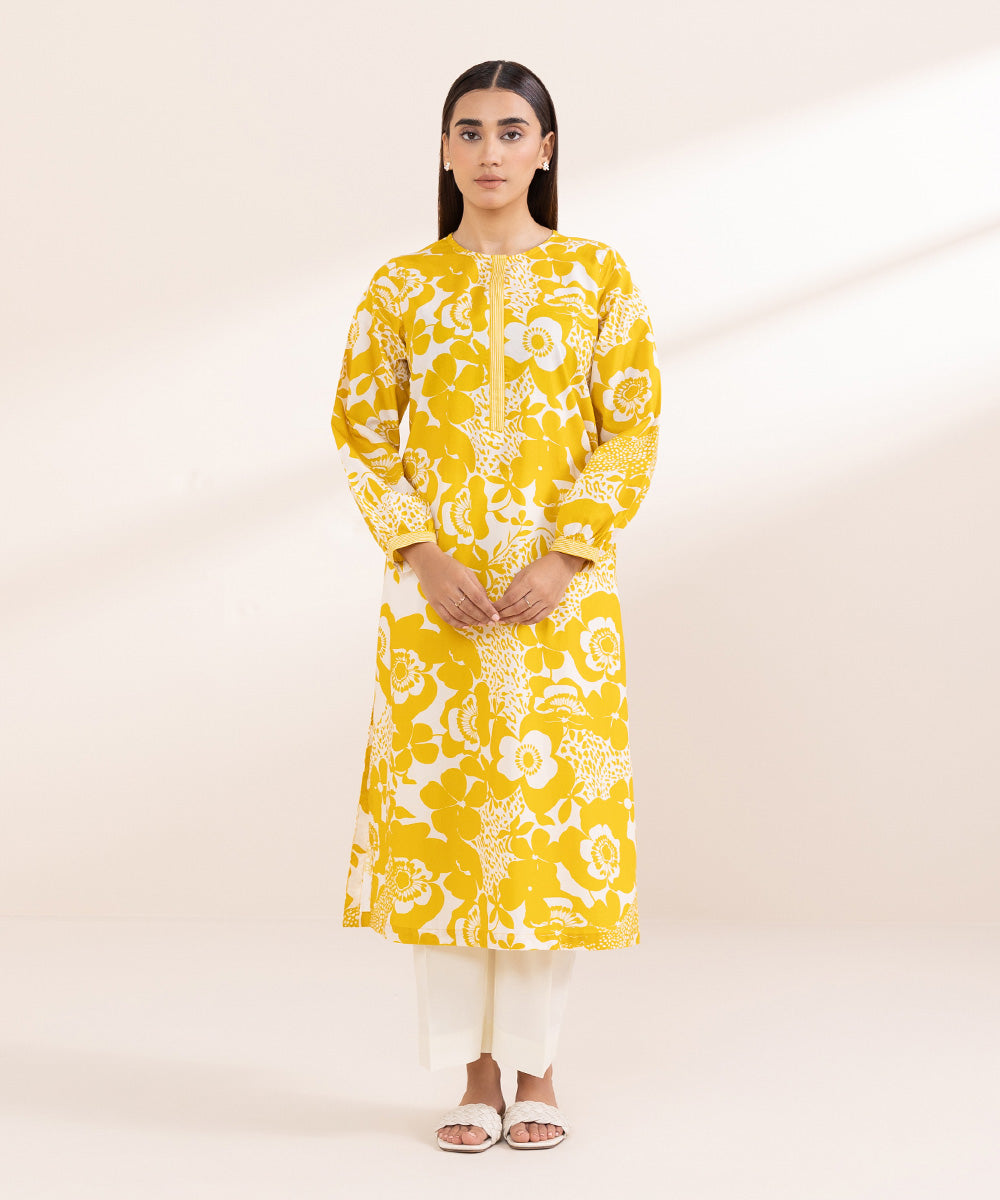 Women's Pret Cambric Yellow Printed A-Line Shirt