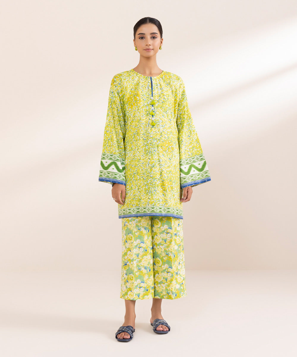 Women's Pret Cotton Viscose Yellow Printed Boxy Shirt