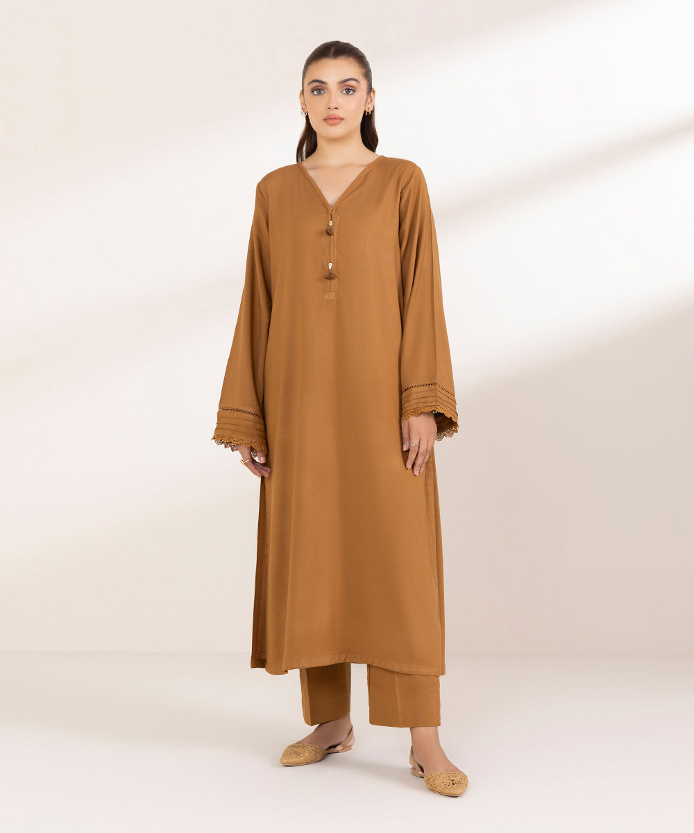 Women's Pret Linen Solid Brown Straight Shirt