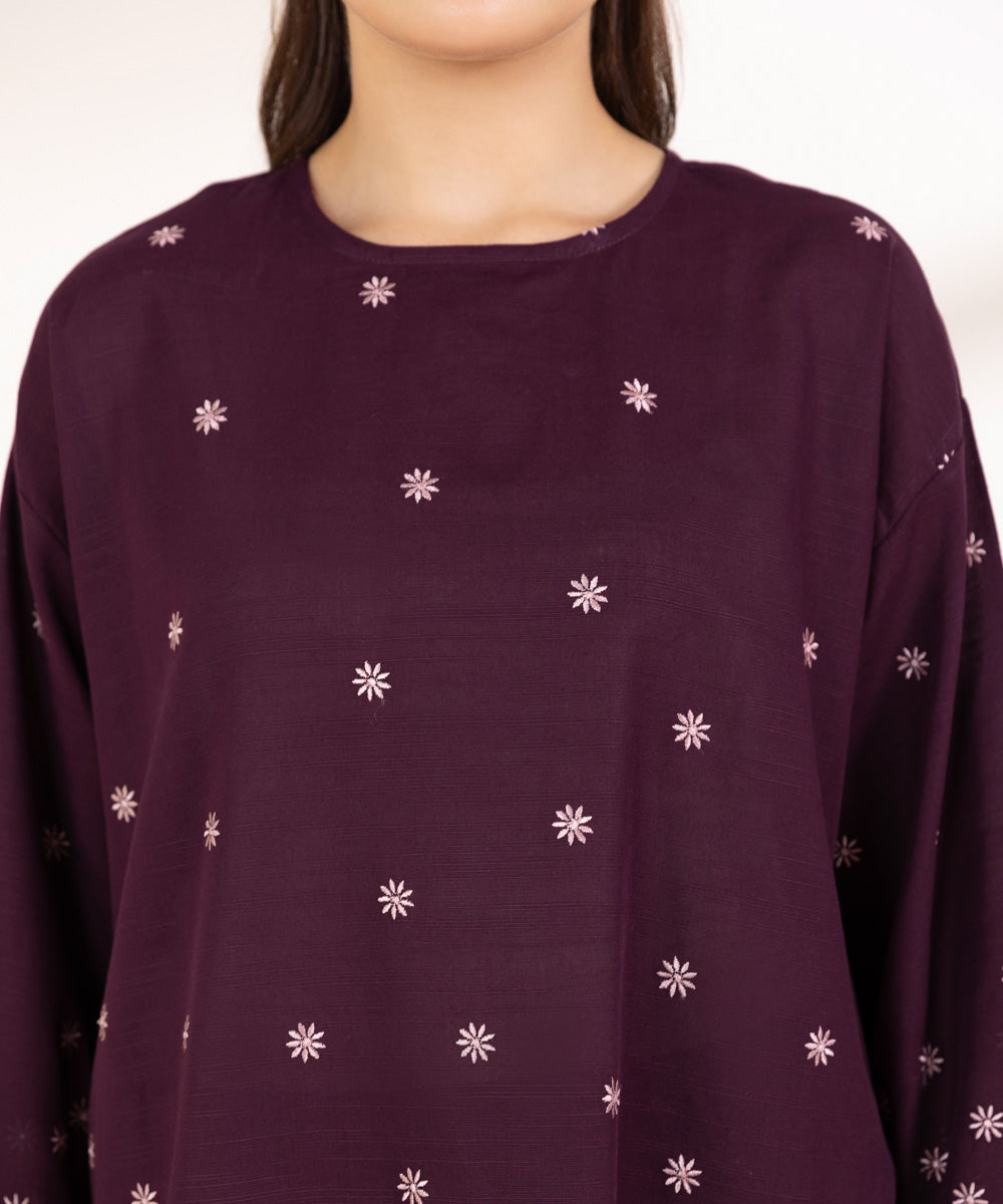 Women's Pret Khaddar Embroidered Plum Boxy Shirt