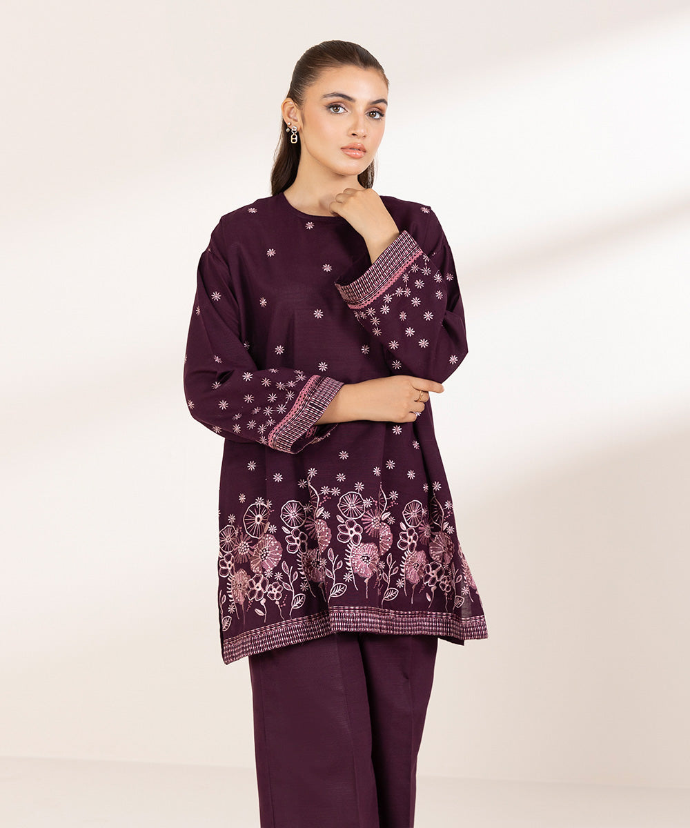 Women's Pret Khaddar Embroidered Plum Boxy Shirt