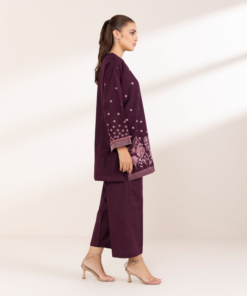 Women's Pret Khaddar Embroidered Plum Boxy Shirt