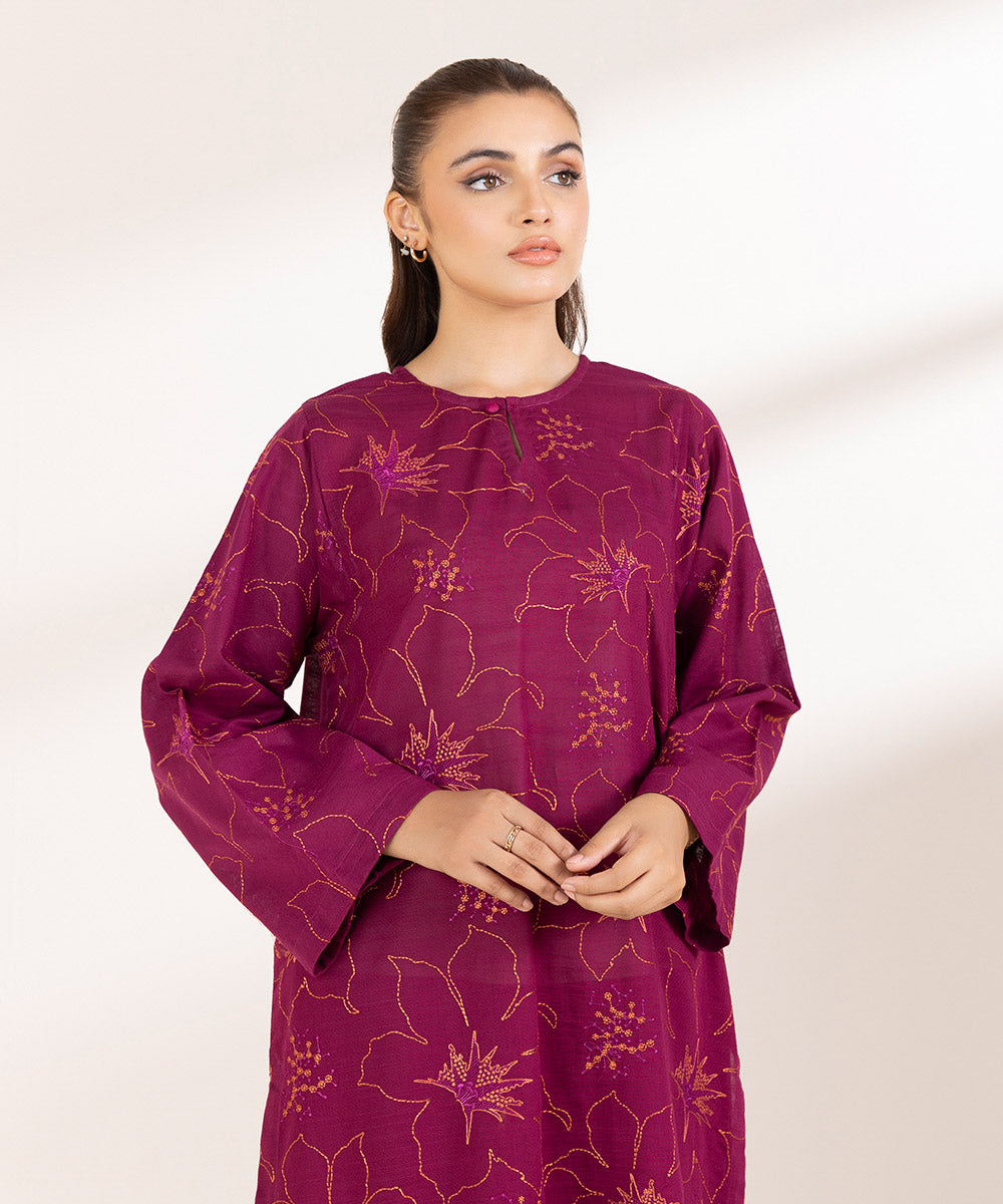 Women's Pret Khaddar Embroidered Magenta A-Line Shirt