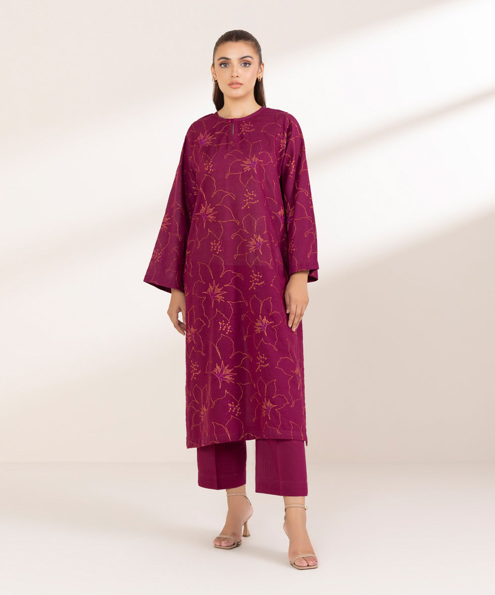 Women's Pret Khaddar Embroidered Magenta A-Line Shirt